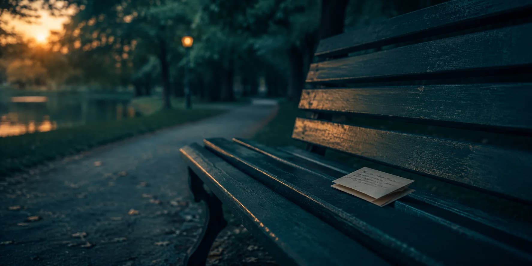 A handwritten note resting on a park bench beside a lake at dusk